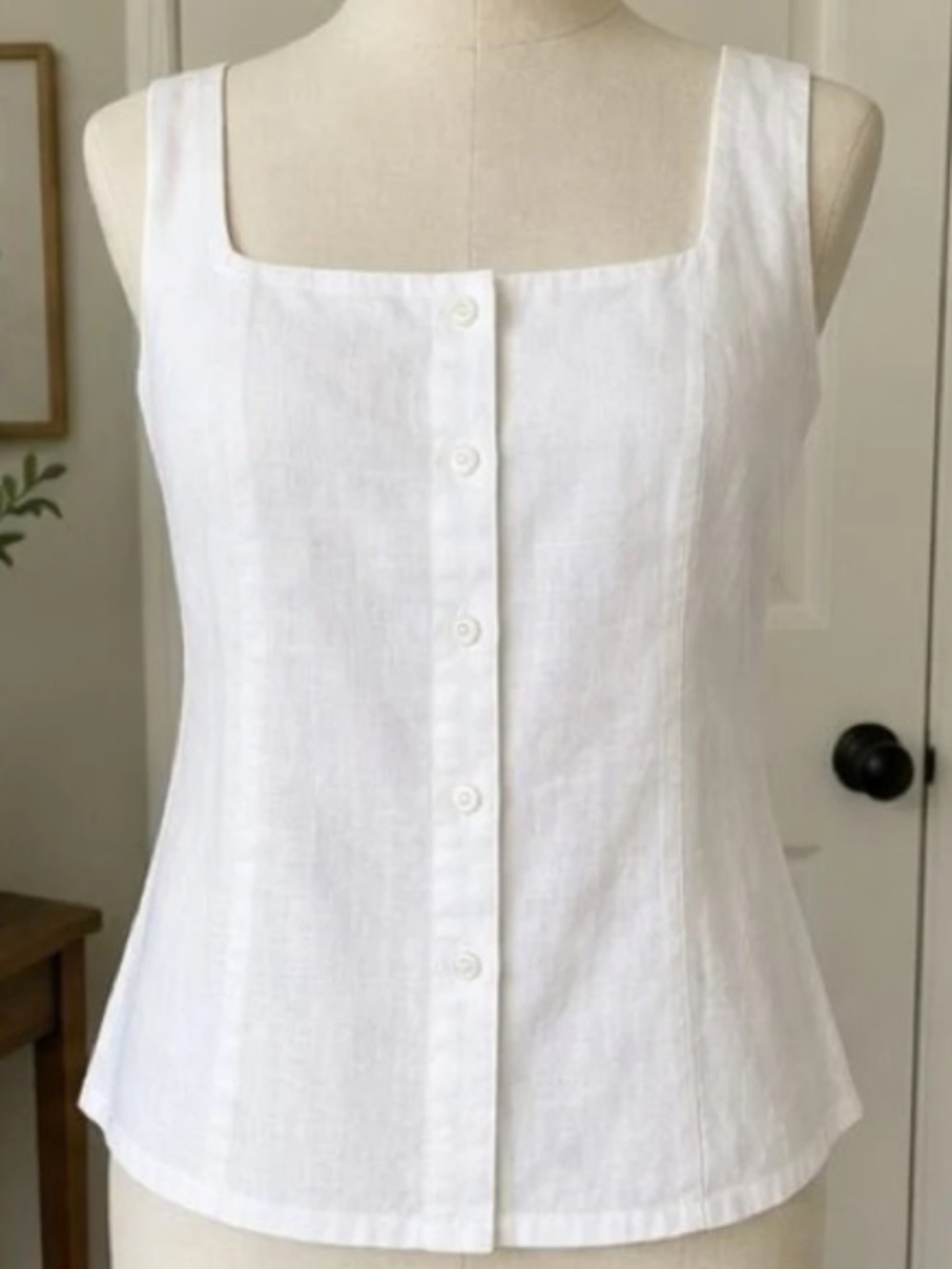 White Linen Square-Neck Button Front Tank Top